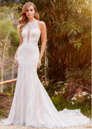 Halter Neck Beaded Ivory Lace Tulle Cutout Boho Wedding Dress